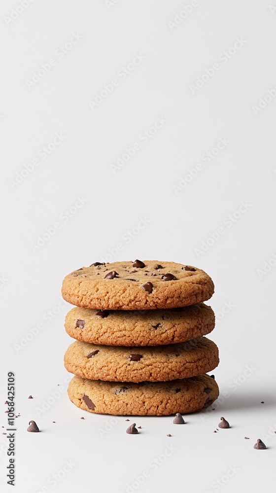 Poster Close-up of a freshly baked chocolate chip cookie stack with crumbs on a simple white background creating a classic comfort food vibe with side empty space for text Stockphoto style