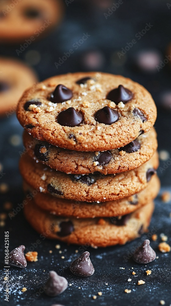 Aufkleber close-up of a freshly baked chocolate chip cookie stack with crumbs on a simple white background cre
