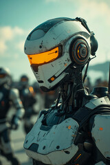 A robot with a helmet on standing in front of a group of soldiers