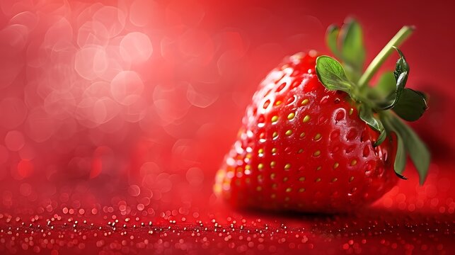 A close-up image of a fresh, ripe strawberry on a red background. The strawberry is perfectly ripe, with a bright red color and juicy texture.