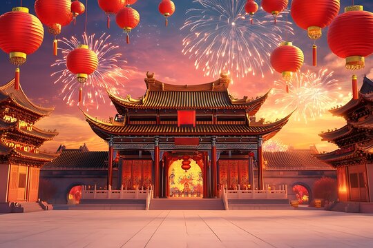 Entrance on the chinese bridge in perspective. Panorama chinese street with old houses, chinese arch, lanterns and a garland. Ancient temples. Chinese New Year. 
