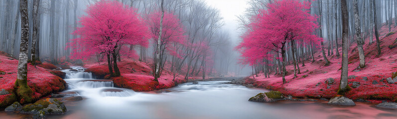 Pink Dream Forest: Surreal landscape photography of a misty forest with vibrant pink trees and a flowing stream. A whimsical and enchanting scene. 