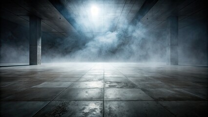 Dark concrete floors embrace swirling mystical fog, enhancing shadowy silhouettes. This atmospheric photography captures an enchanting, otherworldly essence that beckons viewers into