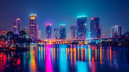 Fototapeta premium A vibrant cityscape at night with colorful lights reflecting off the water.
