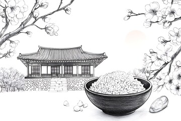 Traditional wood small Japan shrine view. Isolated black and white dashed style sketch, line art, drawing with pen and ink. 