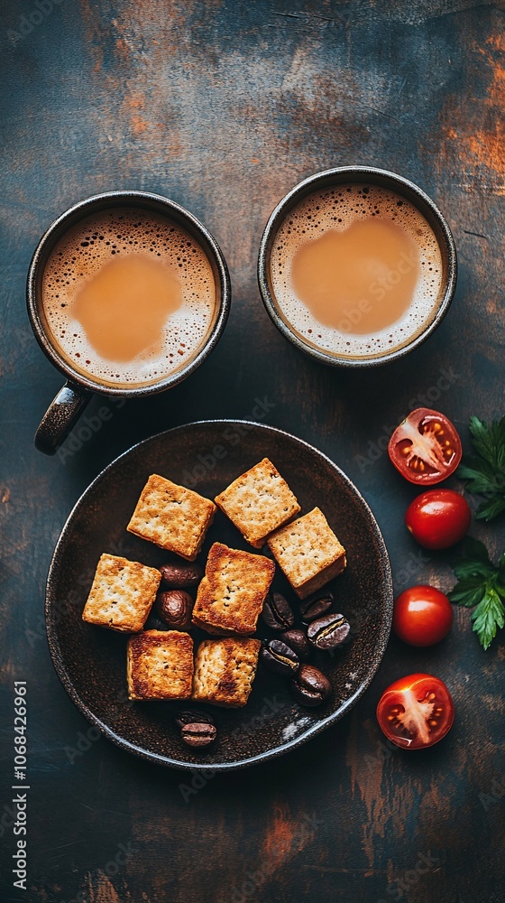 Aufkleber A breakfast scene of scrambled tofu with avocado and roasted tomatoes on a ceramic plate creating a plant-based meal setting with side empty space for text Stockphoto style