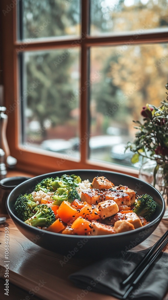 Poster a warm bowl of vegetable stir-fry with bell peppers broccoli and tofu served on a rustic table captu