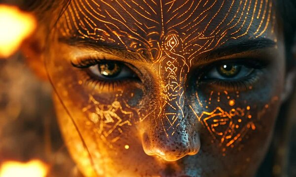Close-up portrait of a woman with glowing tribal markings on her face