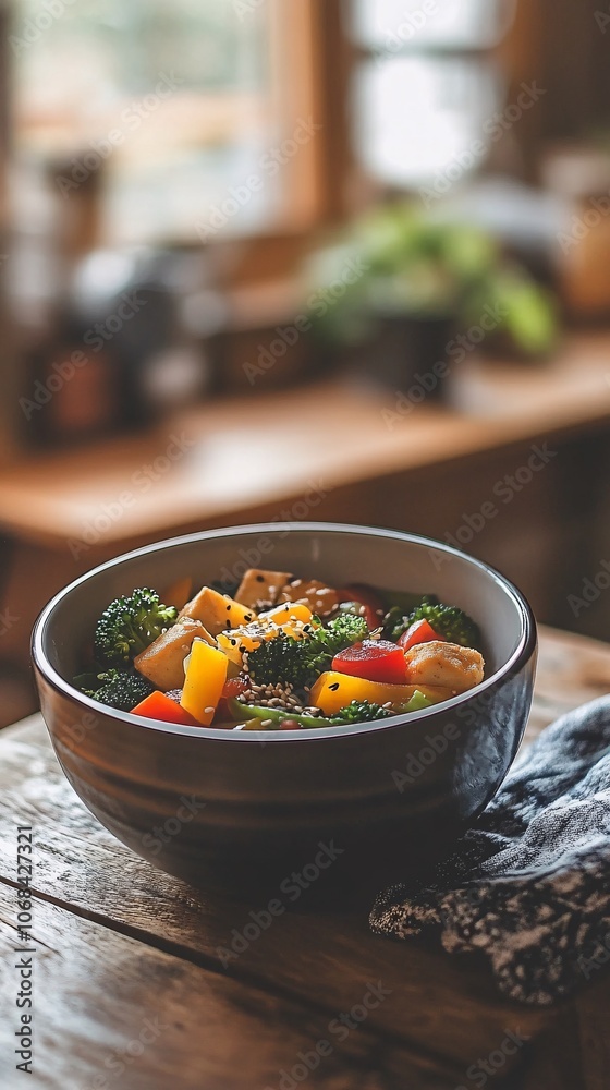 Poster a warm bowl of vegetable stir-fry with bell peppers broccoli and tofu served on a rustic table captu