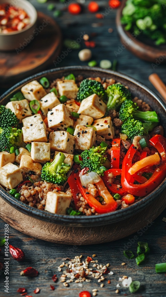 Aufkleber a warm bowl of vegetable stir-fry with bell peppers broccoli and tofu served on a rustic table captu