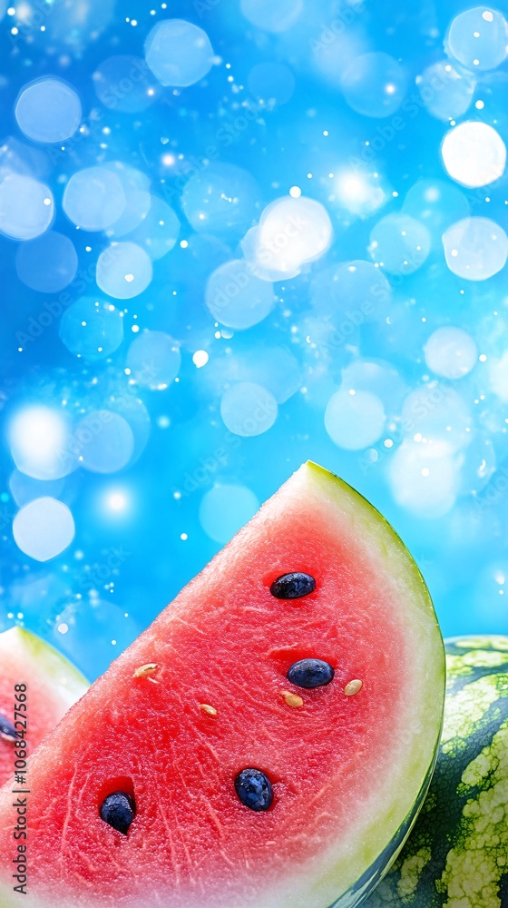 Poster a freshly cut slice of watermelon with a bright summer background highlighting refreshing seasonal f