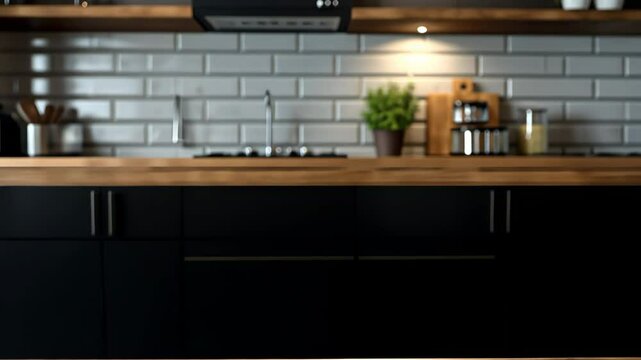 A wooden countertop in a modern kitchen with black cabinets and a white brick backsplash