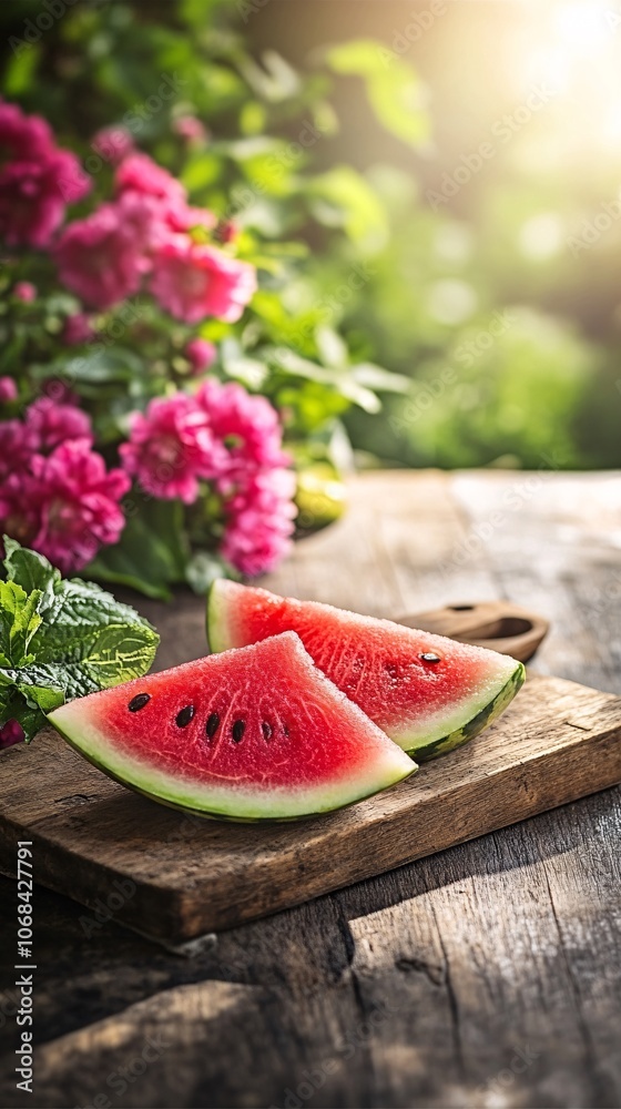 Poster A freshly cut slice of watermelon with a bright summer background highlighting refreshing seasonal fruit with side empty space for text Stockphoto style