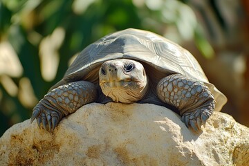 Close-Up of a Majestic Turtle Relaxing on a Rock Surrounded by Lush Greenery, Showcasing Its Unique Shell Patterns and Expressive Face