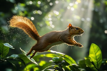 Obraz premium Graceful Leap: Capturing the Essence of Nature as a Squirrel Dances Through Sunlit Forests, Embodying the Spirit of Wild Adventure and Harmony