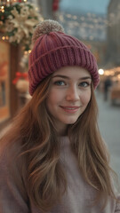 Capture the festive joy with a stunning and happy woman in beautiful hat. Celebrate Christmas time with positive vibes and cheerful memories. Generative AI