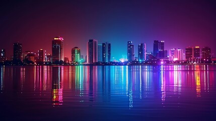 Obraz premium City lights reflecting off the water in a beautiful and colorful display.