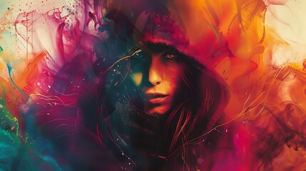 A beautiful woman with long red hair and piercing blue eyes is wearing a red hood.