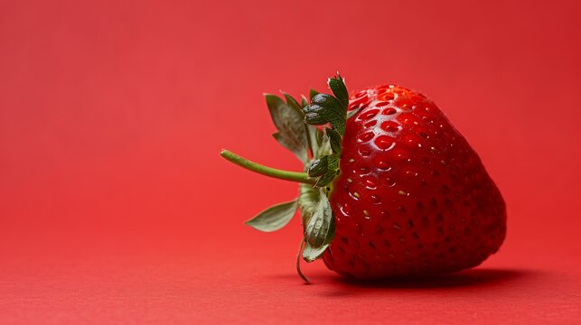 A close-up image of a fresh, ripe strawberry on a red background. The strawberry is perfectly ripe, with a bright red color and glossy sheen.