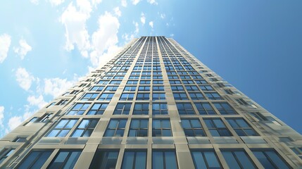 Looking up at a modern skyscraper made of reflective glass and steel.