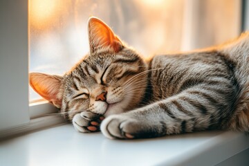 Serene Moments: A Tranquil Tabby Cat Blissfully Sleeping in the Warm Glow of Sunset by the Window