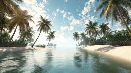 Obraz premium A tranquil scene captures the essence of a beach with palm trees gracefully swaying near the serene water, offering an ideal space for relaxation and tranquility.