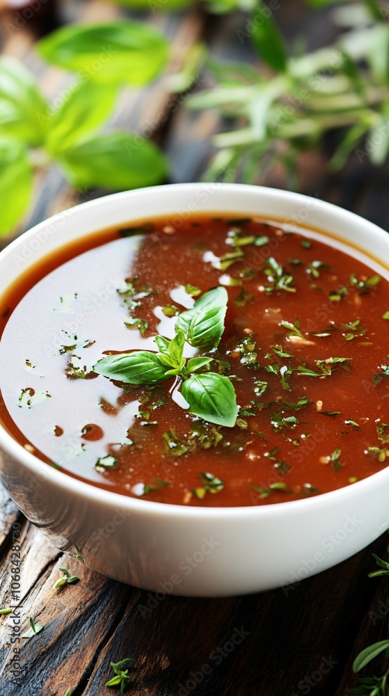Poster An inviting bowl of homemade tomato basil soup garnished with fresh herbs on a rustic table setting capturing warmth and comfort with side empty space for text Stockphoto style