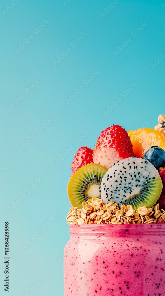Aufkleber a close-up of a smoothie in a mason jar topped with dragon fruit kiwi and granola against a light ba