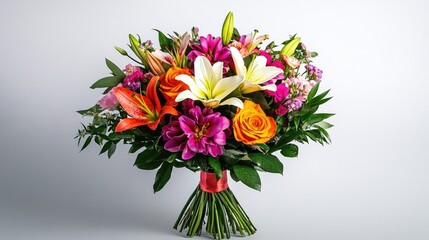 A vibrant bouquet of flowers, including lilies and roses, beautifully arranged with a tie, perfect for various occasions, complemented by ample copy space for versatile use.