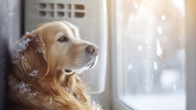 Dog cozying up near a heat pump during winter, enjoying the warmth. The image captures a dog finding comfort and warmth amid the chilly winter environment. Photo style includes ample copy space.