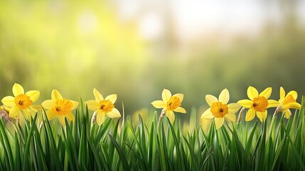 Obraz premium Spring background with vibrant grass and yellow flowers, creating a soft focus effect. This spring setting offers a soothing atmosphere and ample copy space for your design needs.