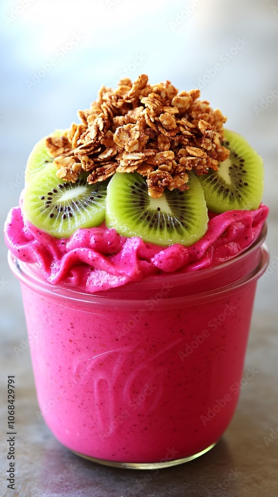 Poster A close-up of a smoothie in a mason jar topped with dragon fruit kiwi and granola against a light background capturing the appeal of fresh superfoods with side empty space for text Stockphoto style