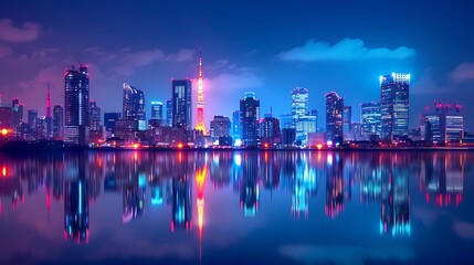 Fototapeta premium Cityscape of a modern city with skyscrapers and a river in the foreground.