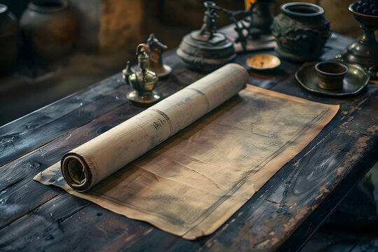Unrolled Papyrus Scroll Among Ancient Artifacts on Wooden Table  