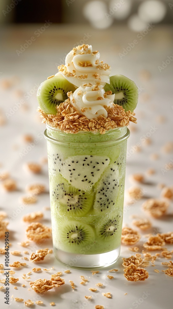 Poster a close-up of a smoothie in a mason jar topped with dragon fruit kiwi and granola against a light ba
