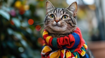 Charming cat adorned in a festive outfit captured in a close-up portrait. This adorable cat brings joy with its playful attire, perfect for celebrations with ample copy space.