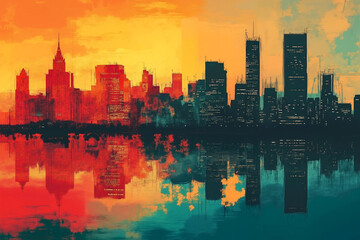 Fototapeta premium A painting of a city skyline at sunset with a reflection in the water