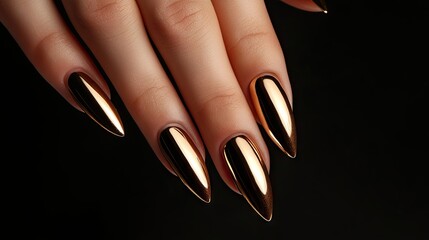 Elegant womens hand with golden long nails exemplifies the art of nail artist manicure, captured in a style that offers ample space for your creative projects.