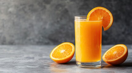 Freshly squeezed orange juice in a highball glass on a gray background, with vibrant orange color and texture, perfect for illustrating the refreshing qualities of orange juice.