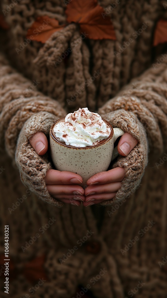 Aufkleber Hands holding a warm mug of hot chocolate topped with whipped cream and cinnamon in a cozy winter setting creating a seasonal drink atmosphere with side empty space for text Stockphoto style