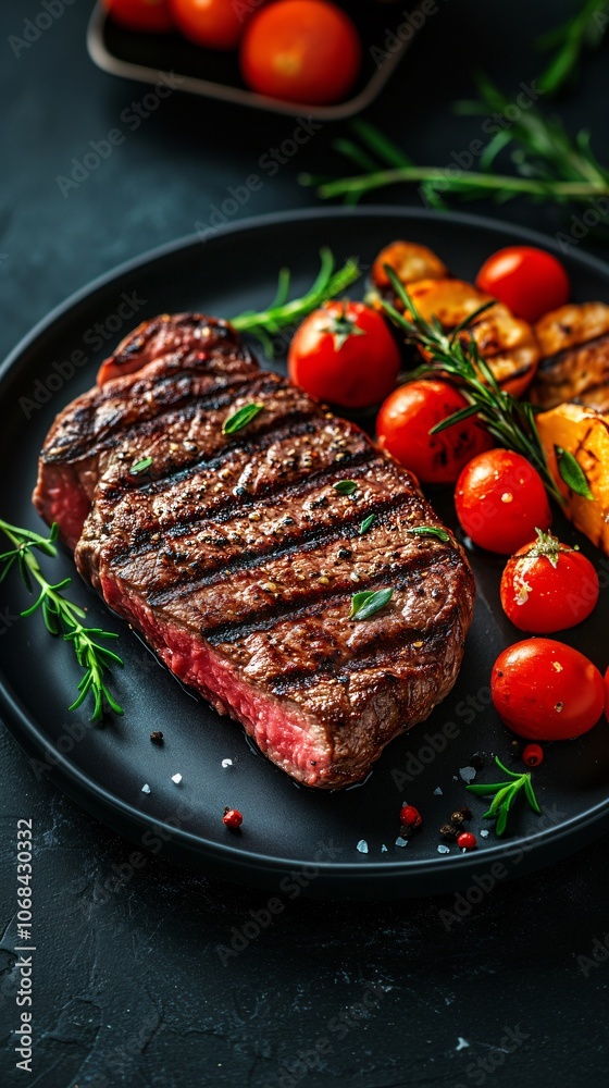 Poster a perfectly grilled plant-based steak with char marks served with roasted vegetables on a modern pla