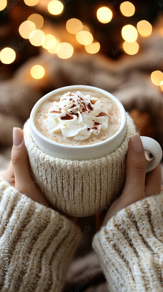 Leinwandbilder hands holding a warm mug of hot chocolate topped with whipped cream and cinnamon in a cozy winter se