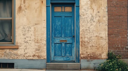 A weathered blue door stands alone on a quiet street, providing a glimpse into its character and charm. This blue door offers ample photo space for creative compositions.