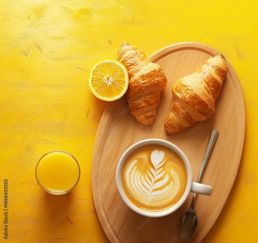 Poster A top-down view of a breakfast tray with a cappuccino fresh croissants and orange juice creating a relaxing morning setting with side empty space for text Stockphoto style