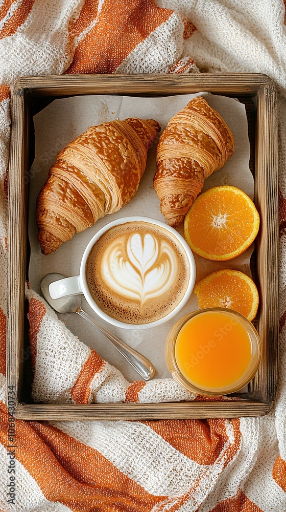 Poster A top-down view of a breakfast tray with a cappuccino fresh croissants and orange juice creating a relaxing morning setting with side empty space for text Stockphoto style