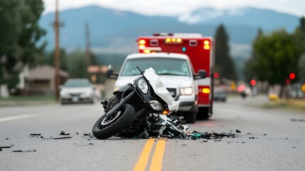 Motorcycle and car collision at a busy urban intersection with both vehicles damaged and emergency services responding to the scene  The crash has caused chaos and disruption on the street