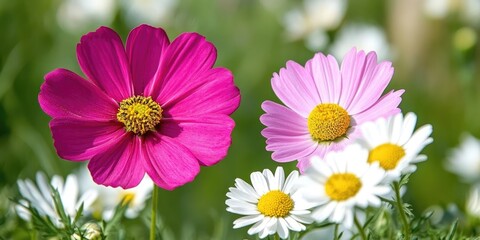 Obraz premium Vibrant pink cosmos blossoms alongside delicate white daisies. The petals of these flowers are highlighted with a soft focus, illuminated by warm, gentle light tones.