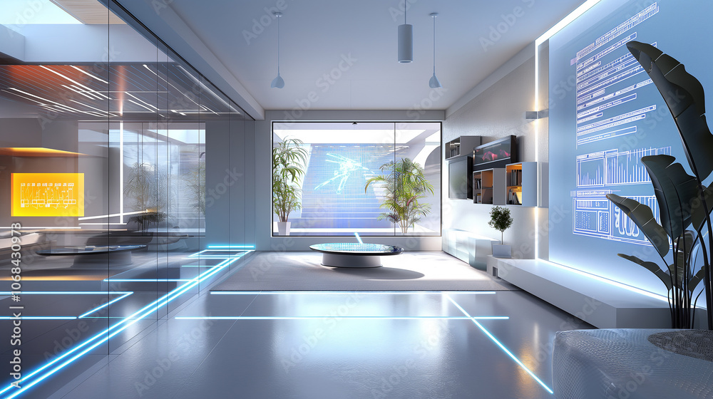 Wall mural software codes augmented reality display in futuristic modern office tech environment, cyber tech ba