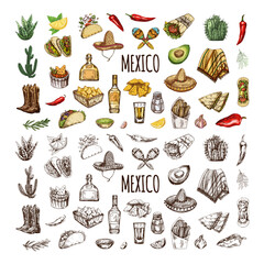 Hand-drawn colored and monochrome set of realistic mexican elements. Vintage sketch drawings of Latin American culture. Vector ink illustration. Mexican culture. Latin America.
