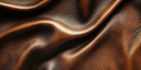 A deep brown background featuring lively highlights. Glossy leather texture. Faux brown leather material. Great for eclectic decor or as a gift idea. Leather texture backdrop.